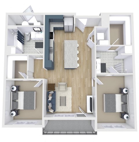 a stylized floor plan with a bedroom and a living room